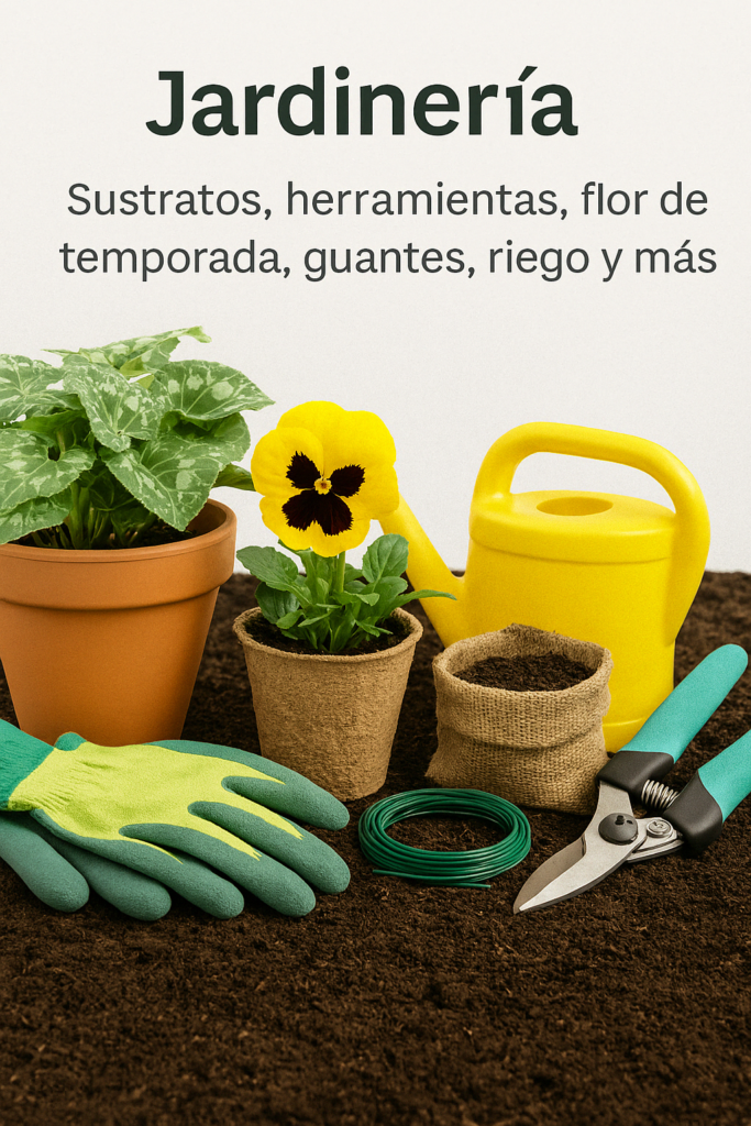 Suministros de jardinería como guantes, regadera, plantas en maceta, sustrato y herramientas sobre tierra oscura.