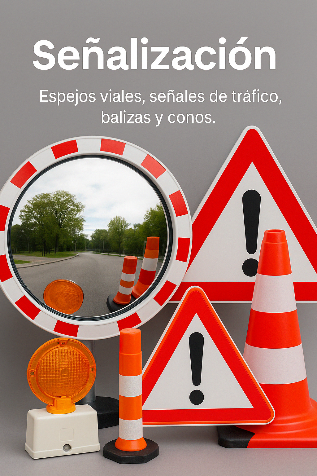 Señales de tráfico, conos, balizas y espejo vial sobre fondo gris, representando material de señalización urbana.