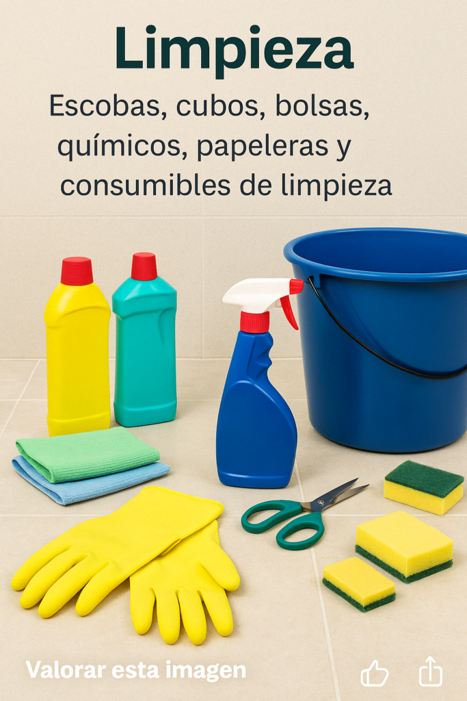 Productos de limpieza sobre suelo claro: guantes, cubo, botellas de detergente, pulverizador, esponjas y bayetas.