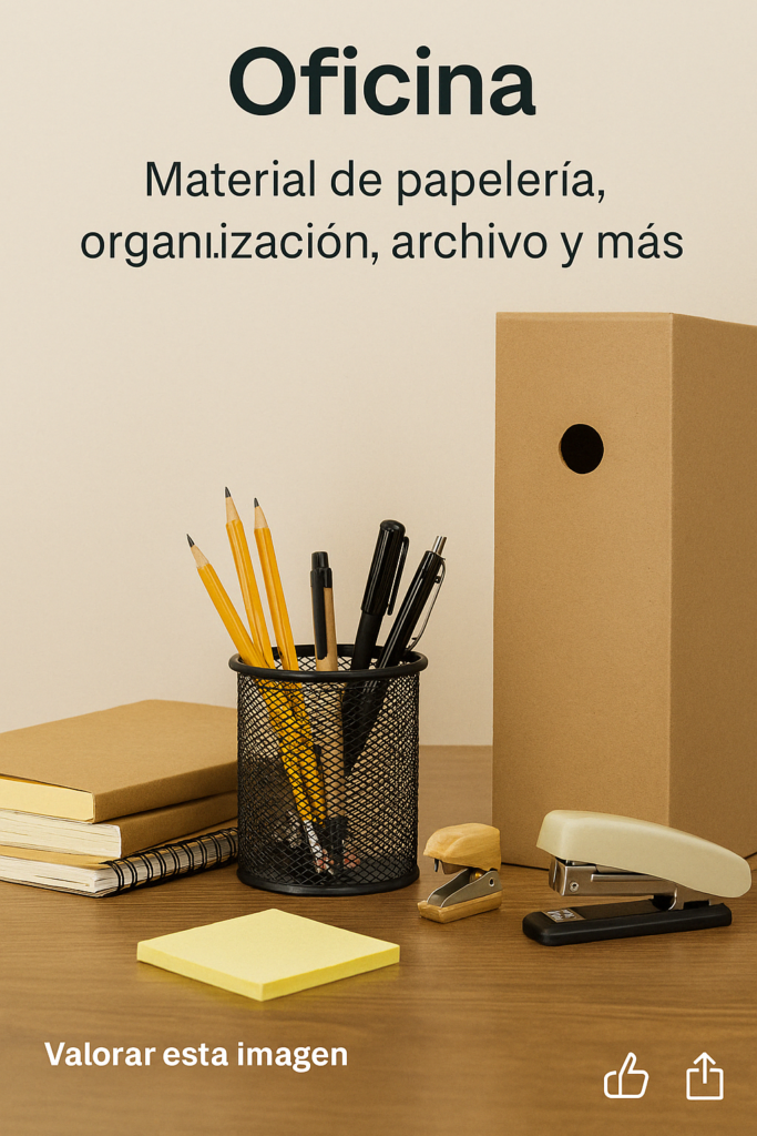 Material de oficina sobre escritorio: portalápices con bolígrafos, grapadoras, notas adhesivas, archivadores y libretas.