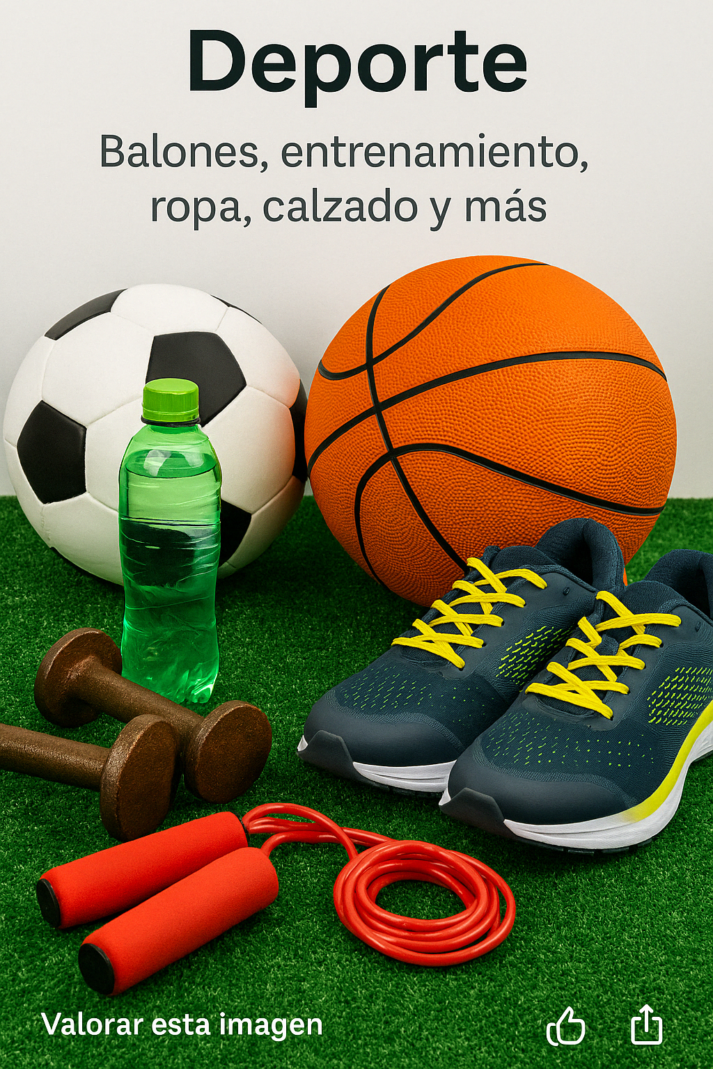Material deportivo sobre césped artificial: balones, zapatillas, pesas, cuerda, botella y elementos de entrenamiento.