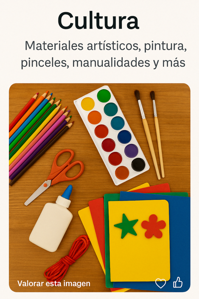 Materiales de manualidades sobre mesa de madera: lápices de colores, acuarelas, tijeras, pinceles, goma eva, cuerda y pegamento.