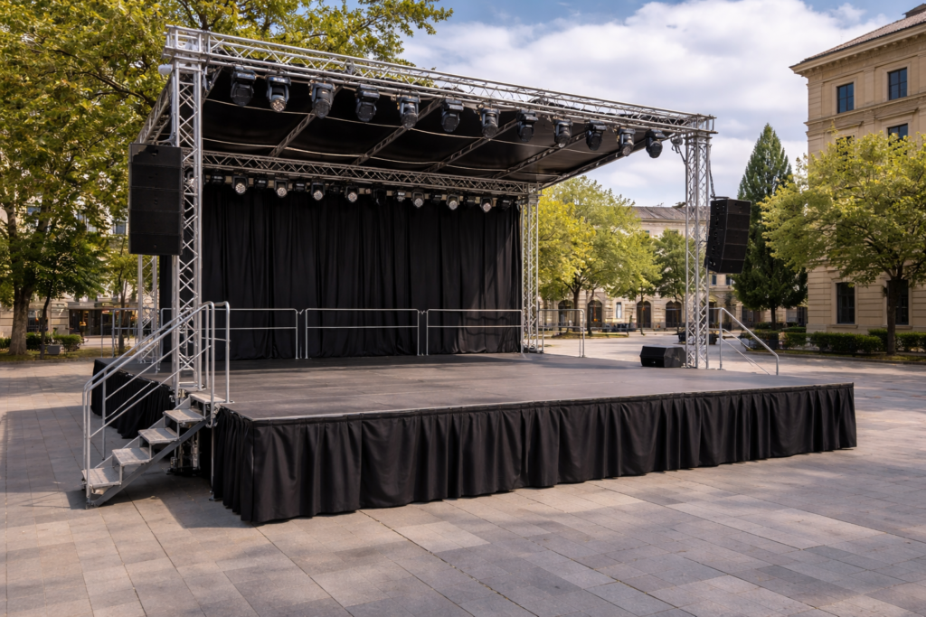 Escenario modular portátil instalado en plaza pública para actividades culturales municipales