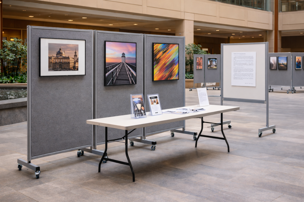 Paneles expositivos modulares con obras y material informativo en espacio cultural municipal