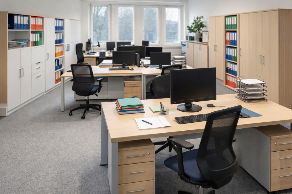 Mobiliario de oficina municipal con mesas, sillas y archivadores en dependencias administrativas públicas