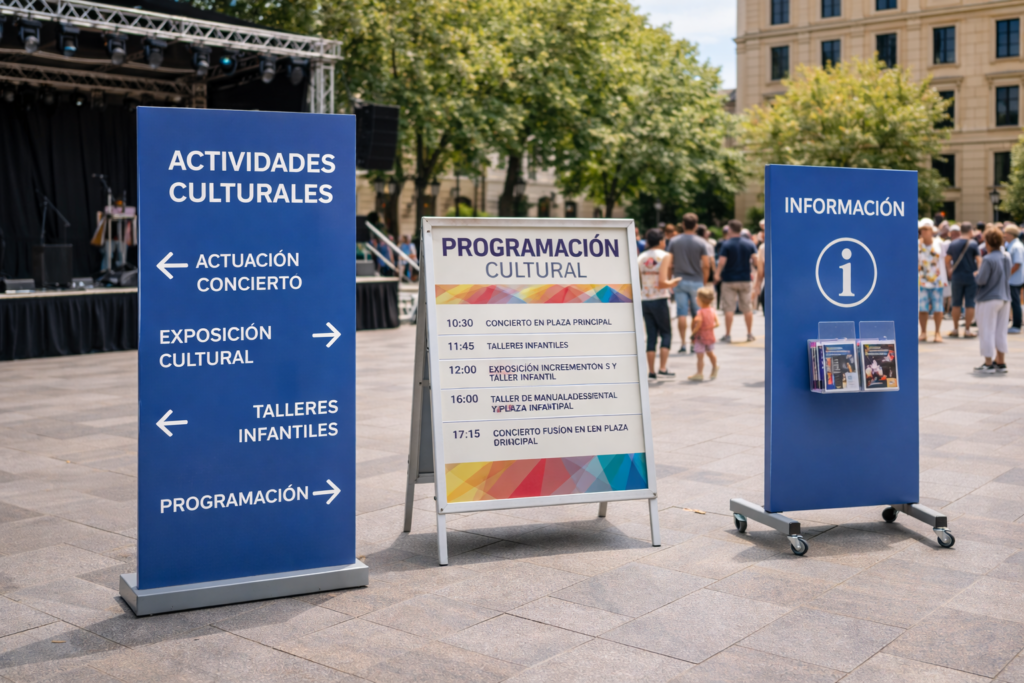 Señalización informativa para actividades culturales municipales instalada en espacio público