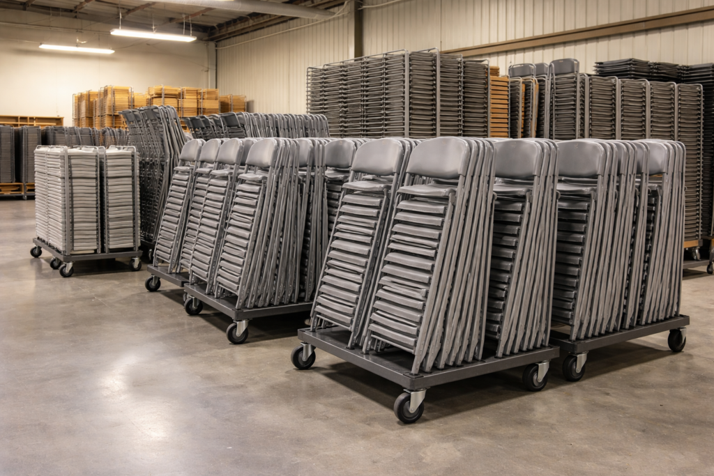 Almacén con mobiliario para eventos culturales municipales, con sillas plegables apiladas y material logístico organizado