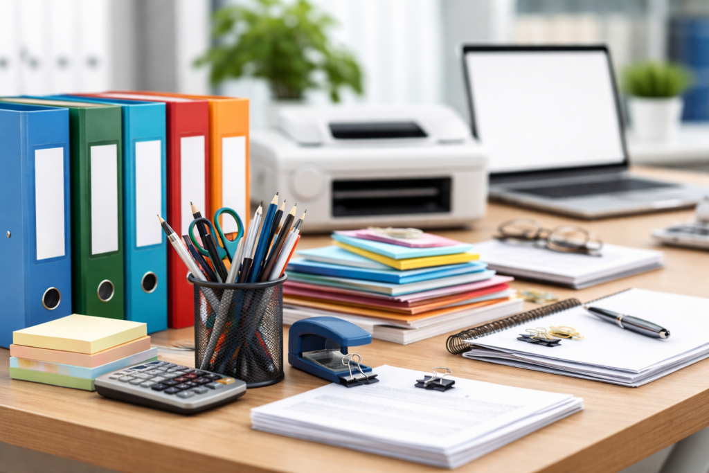 Material de oficina para ayuntamientos con mesas, sillas y suministros básicos en entorno administrativo municipal