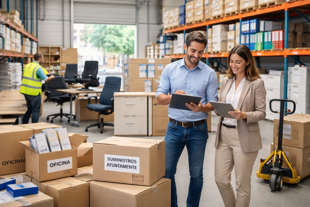 Equipamiento de oficina para edificios públicos preparado en almacén con mesas, sillas, armarios y material administrativo destinado a dependencias municipales.