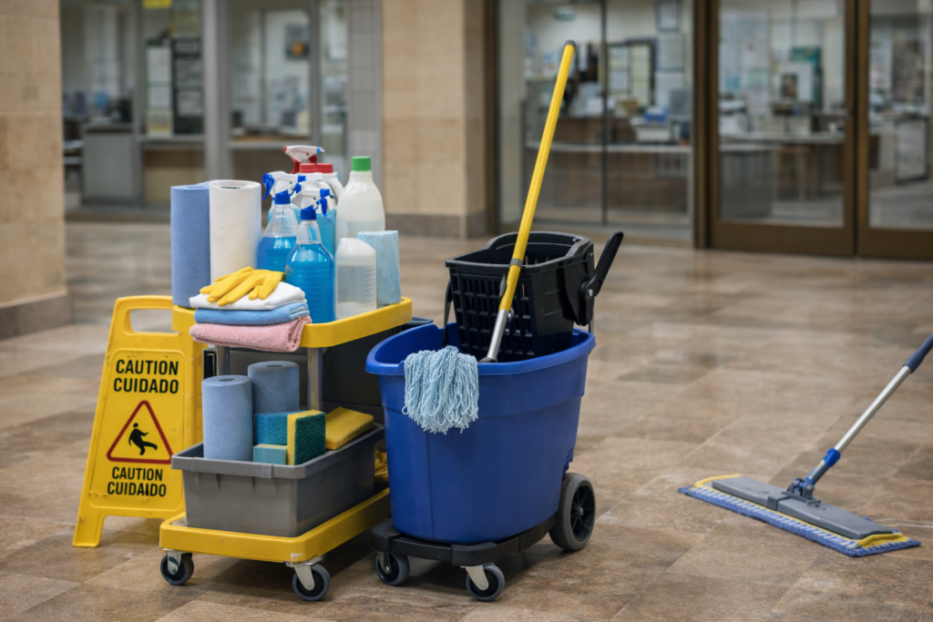 Material de limpieza para edificios públicos con cubos, mopas, productos líquidos, bayetas y utensilios de mantenimiento en un espacio municipal interior.
