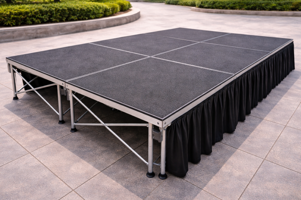 Tarima modular antideslizante para escenarios y actos culturales municipales, con superficie negra texturizada y estructura de aluminio