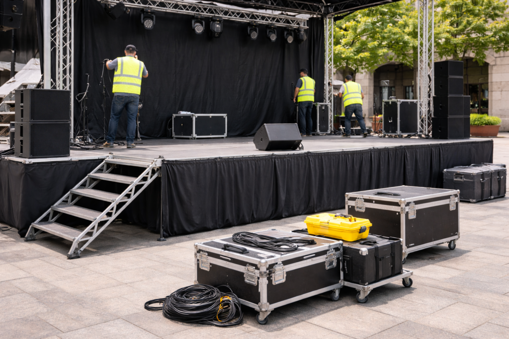 Mobiliario municipal instalado en evento cultural con tarima, vallas y elementos de señalización para actividades públicas al aire libre