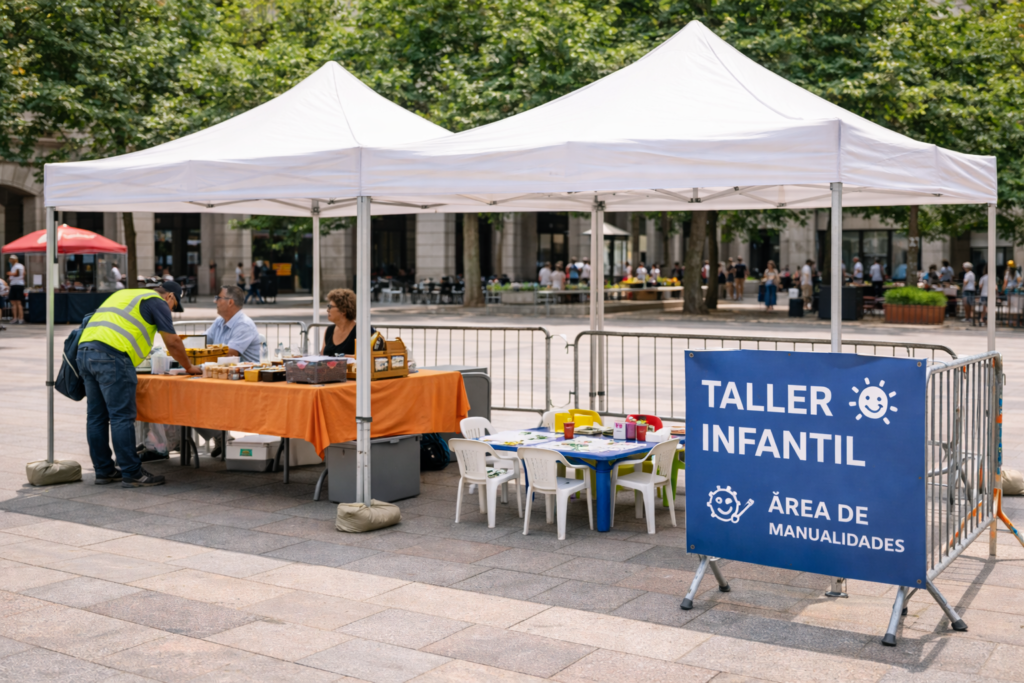 Carpas y zonas de sombra para actividades infantiles en eventos municipales