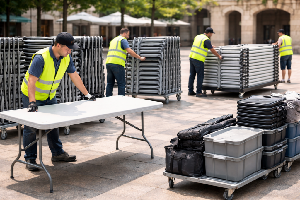 Equipo municipal montando mobiliario modular para evento público con mesas y sillas plegables
