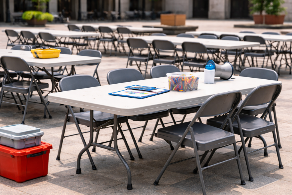Sillas y mesas resistentes para eventos municipales en espacios públicos