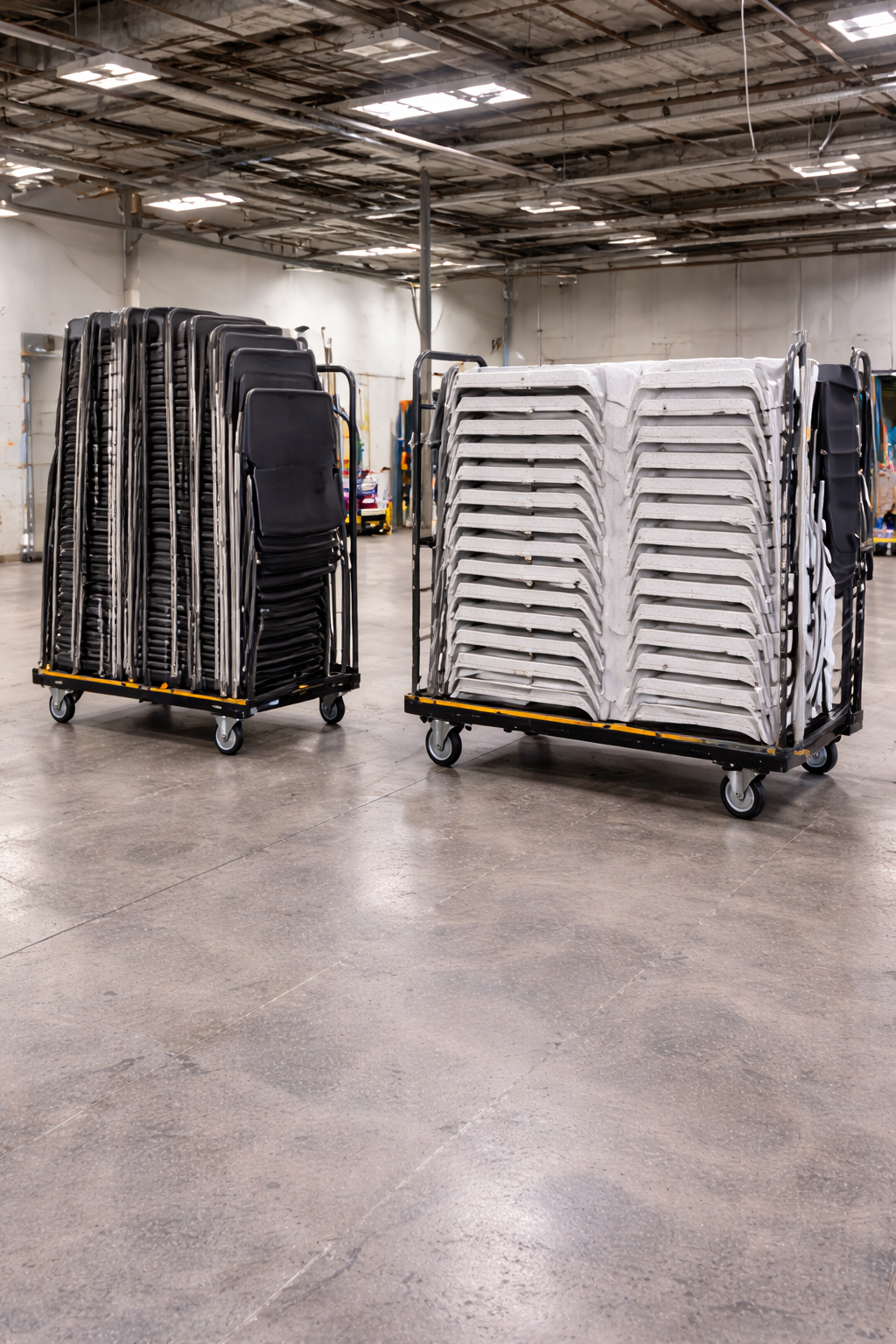 : Carros de transporte para mover sillas y mesas rápidamente en montajes de eventos municipales.