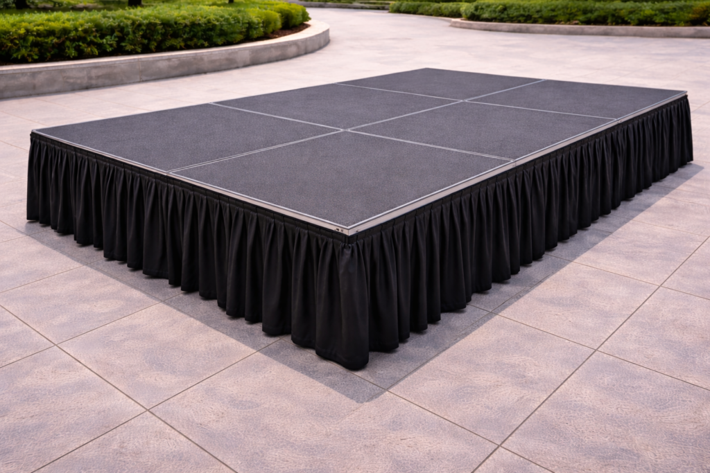 Tarima modular con faldón negro plisado para escenario en plaza municipal