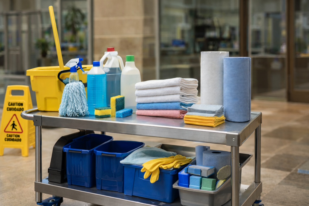 Productos de limpieza para dependencias municipales organizados en carro de limpieza con cubo, mopas, productos líquidos, bayetas y material básico para edificios públicos.