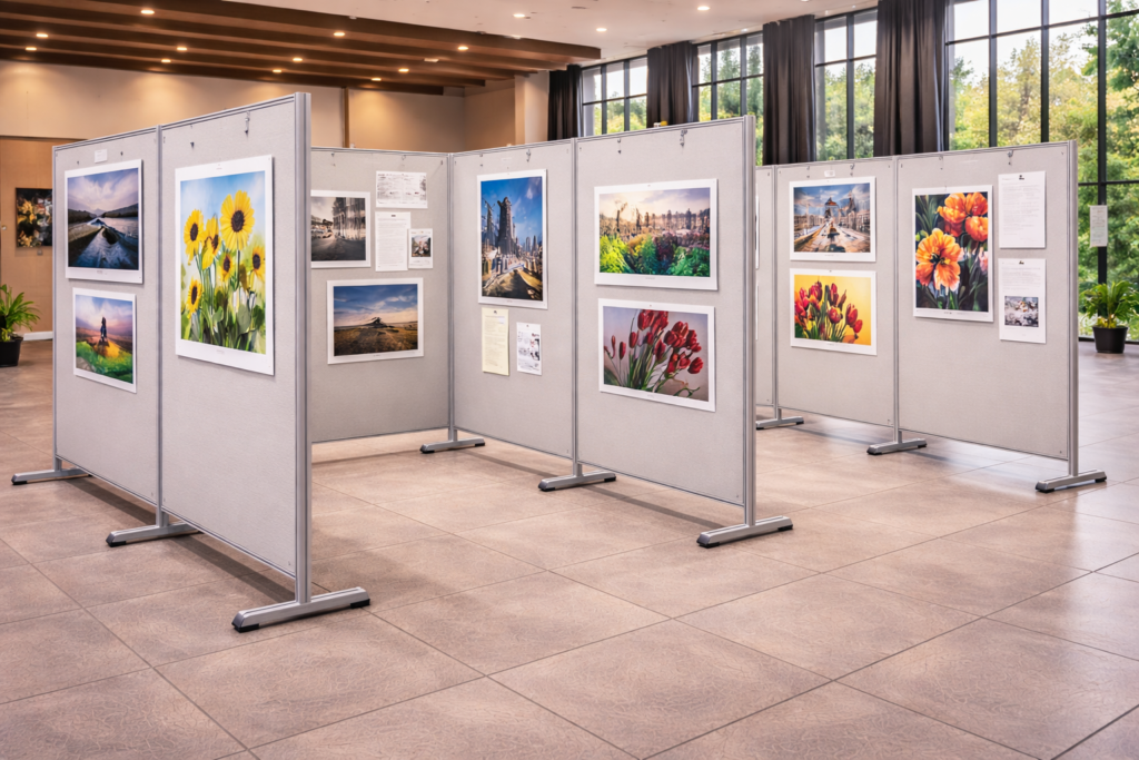 Paneles expositores modulares en sala interior para exposición cultural, con láminas y fichas informativas.