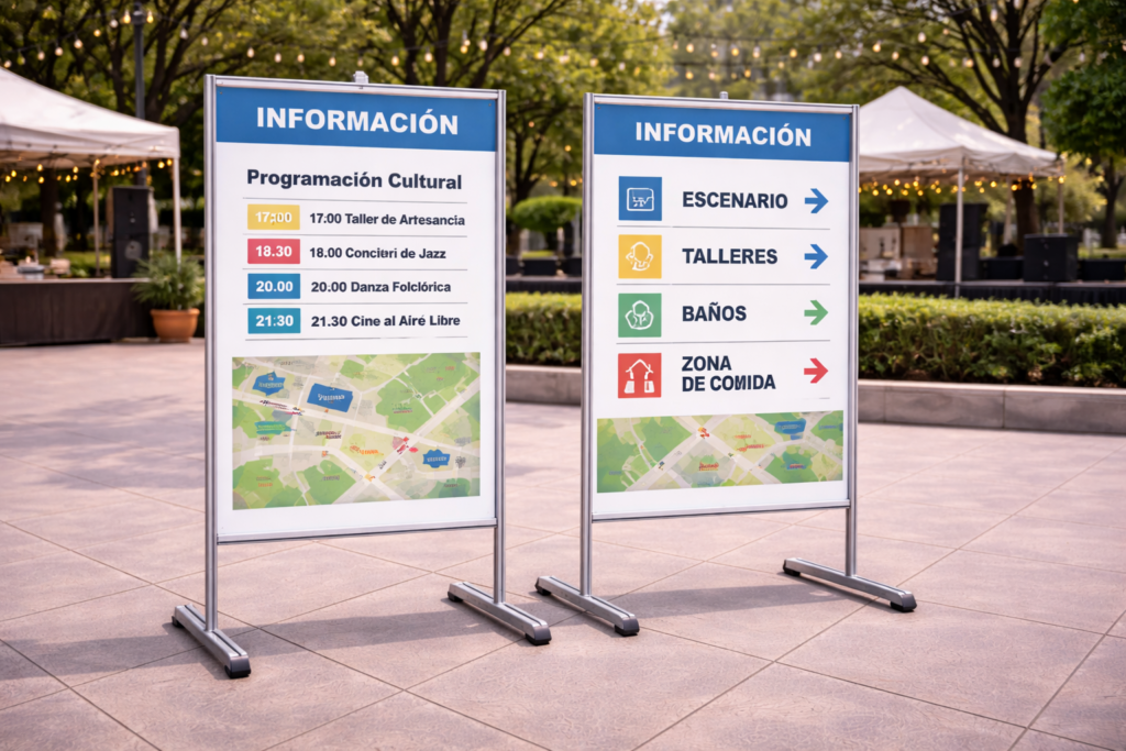 Los dos paneles informativos tipo tótem con programación cultural y señalización de zonas en una plaza durante un evento municipal al aire libre.