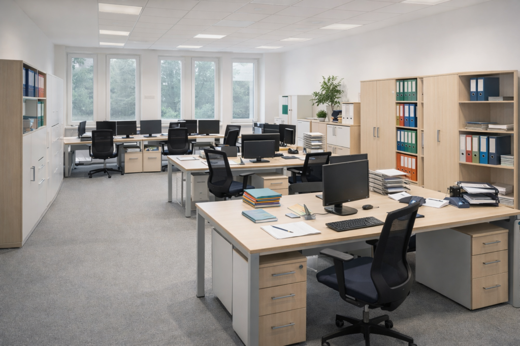 Equipamiento de oficina para edificios públicos con mesas de trabajo, sillas administrativas, armarios y puestos organizados en una oficina municipal moderna.