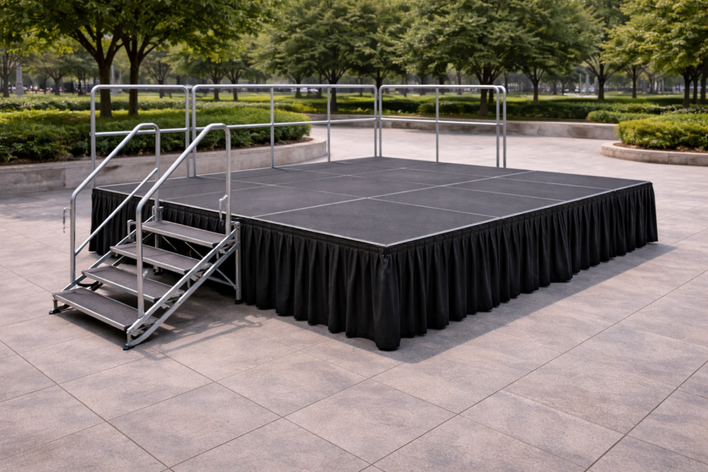 Escenario modular con tarima antideslizante instalado en una plaza, ideal para actos culturales municipales.